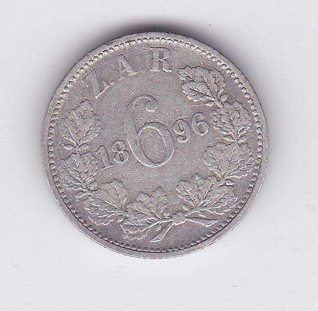 ZAR SIXPENCE 1896 - F = R150 VF = R400