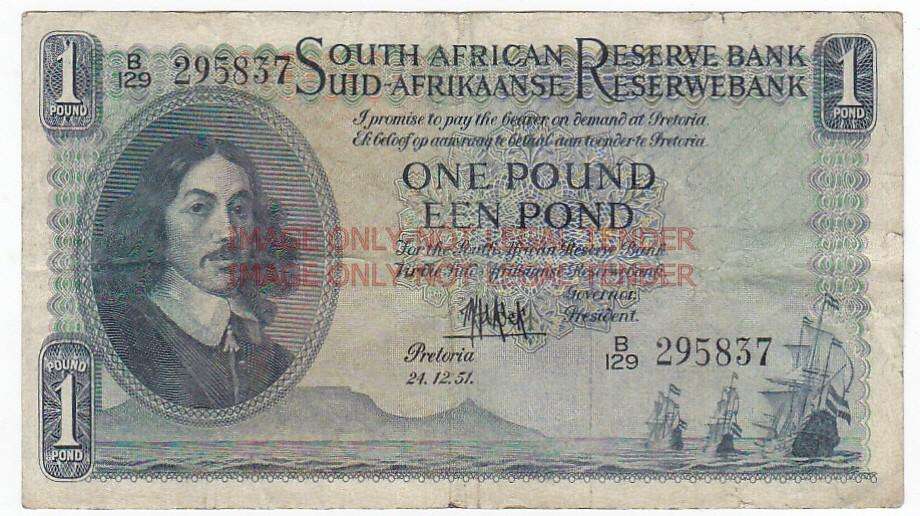 SOUTH AFRICA 1 POUND M.H. DE KOCK 24.12.51 B129 295837