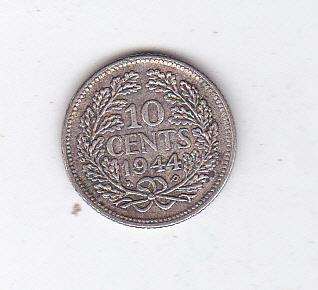 NETHERLANDS 10 CENTS 1944 SILVER