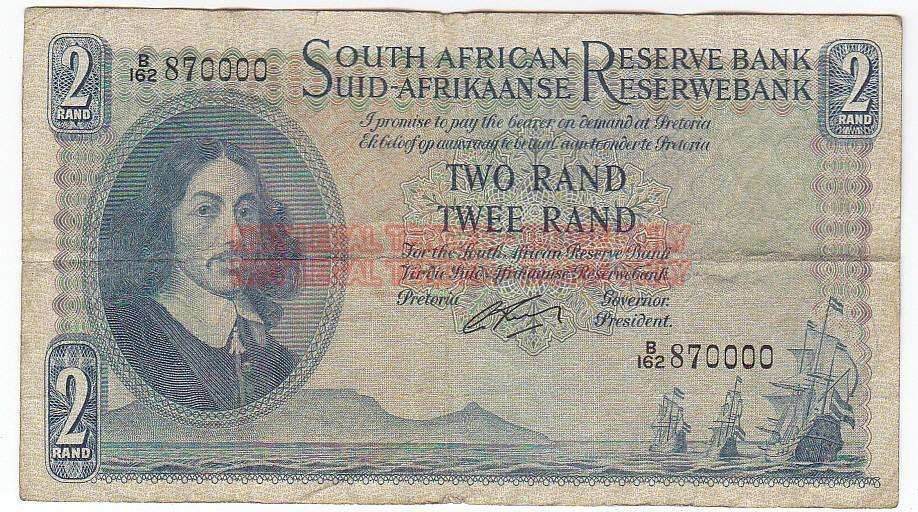 SOUTH AFRICA TWO RANDS RISSIK B162 870000 - COLLECTOR SERIAL NUMBER