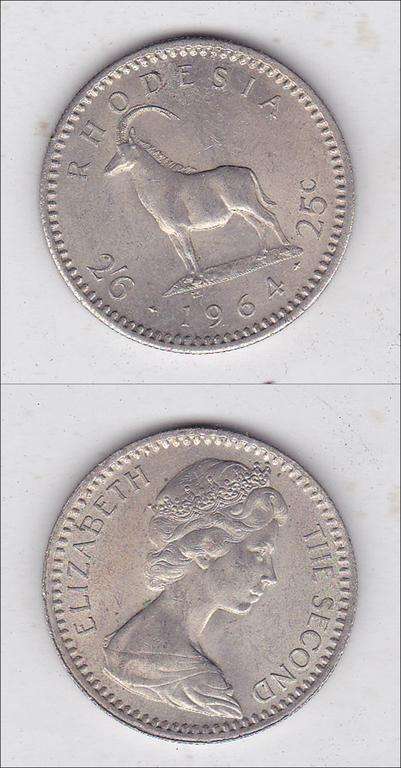 RHODESIA TWENTY FIVE CENTS 1964 EF