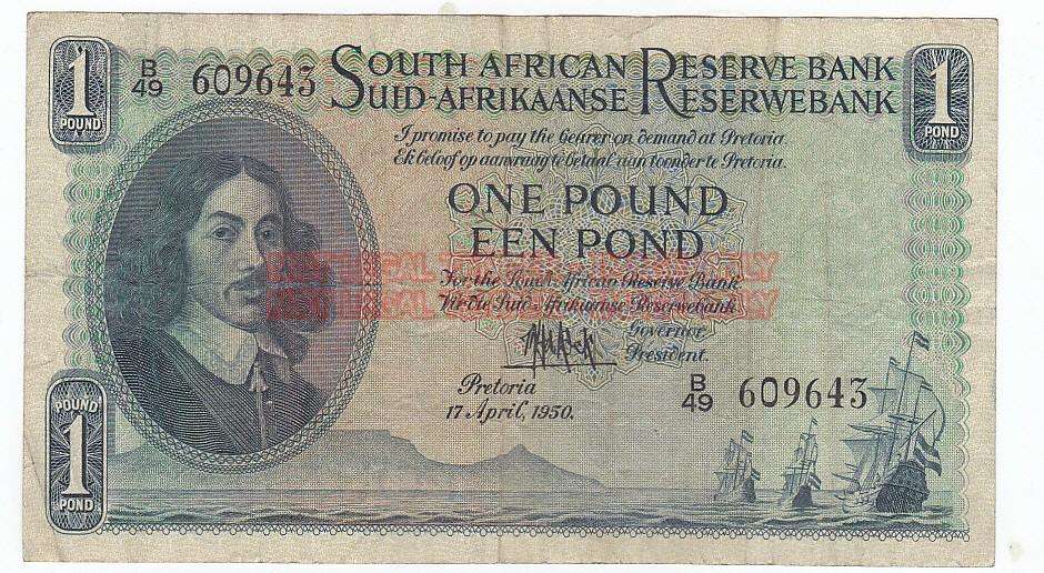 SOUTH AFRICA 1 POUND M.H. DE KOCK 17 april 1950 # B49 609643