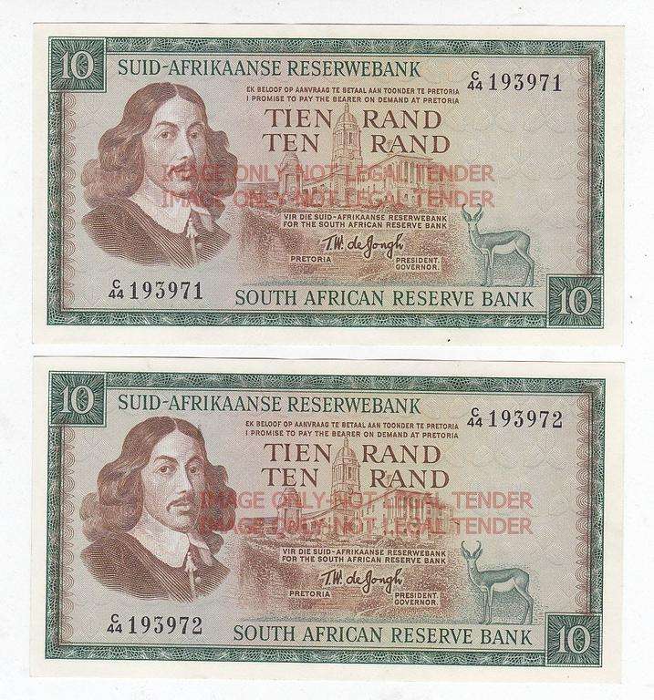 SOUTH AFRICA R10 CONSEQUTIVE X 2 DE JONGH C44 193971/2 HIGH GRADE