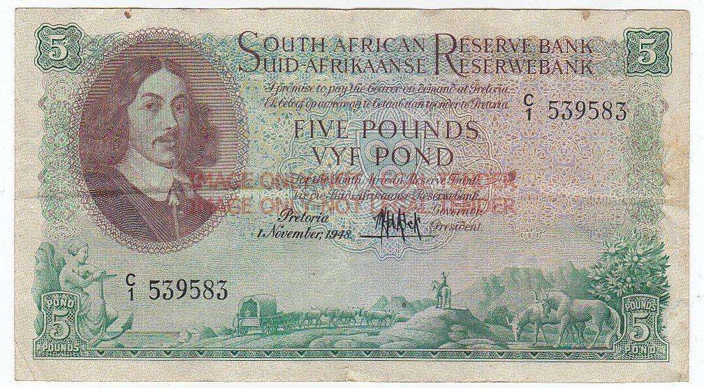 SOUTH AFRICA 5 POUNDS M.H. DE KOCK 1ST NOVEMBER 1948 TYPE 7 E/A # C1 539583