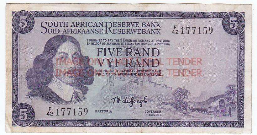 SOUTH AFRICA 5 RAND T.W. DE JONGH F42 177159 / 1967