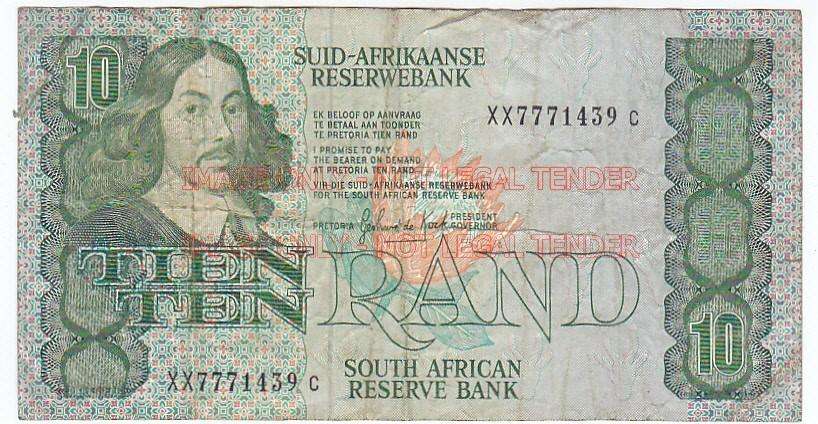 SOUTH AFRICA REPLACEMENT 10 RAND GERHARD DE KOCK XX7771439 C 1990  - ALL THE SEVENS!!!