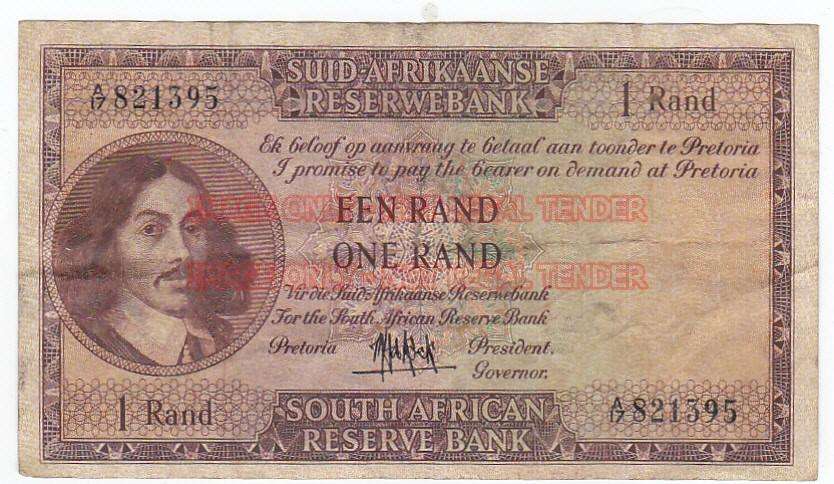 SOUTH AFRICA 1 RAND M.H. DE KOCK A17 821395 1961