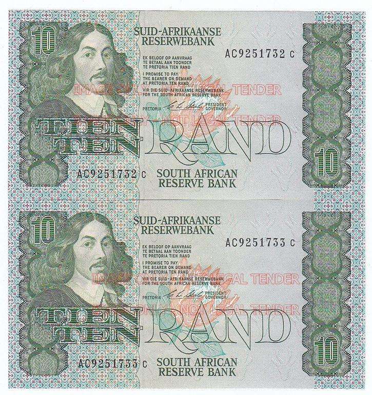 SOUTH AFRICA 2 CONSECUTIVE 10 RANDS C.L. STALS AC9251732/3 C 1990 - HIGH GRADE