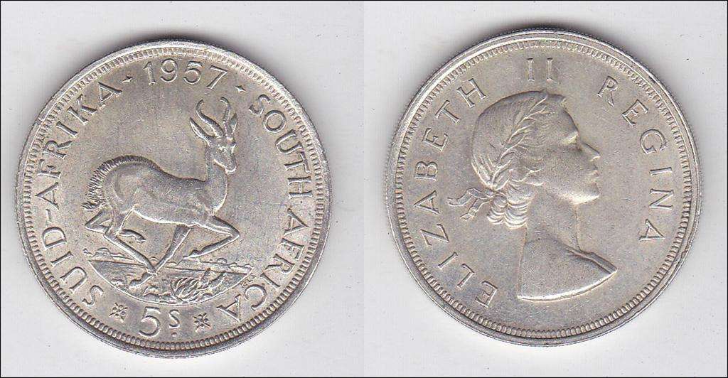 SOUTH AFRICA 5 SHILLINGS 1957 SILVER HIGH GRADE