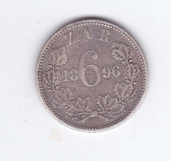 ZAR SIXPENCE 1896 - F = R150 VF = R400