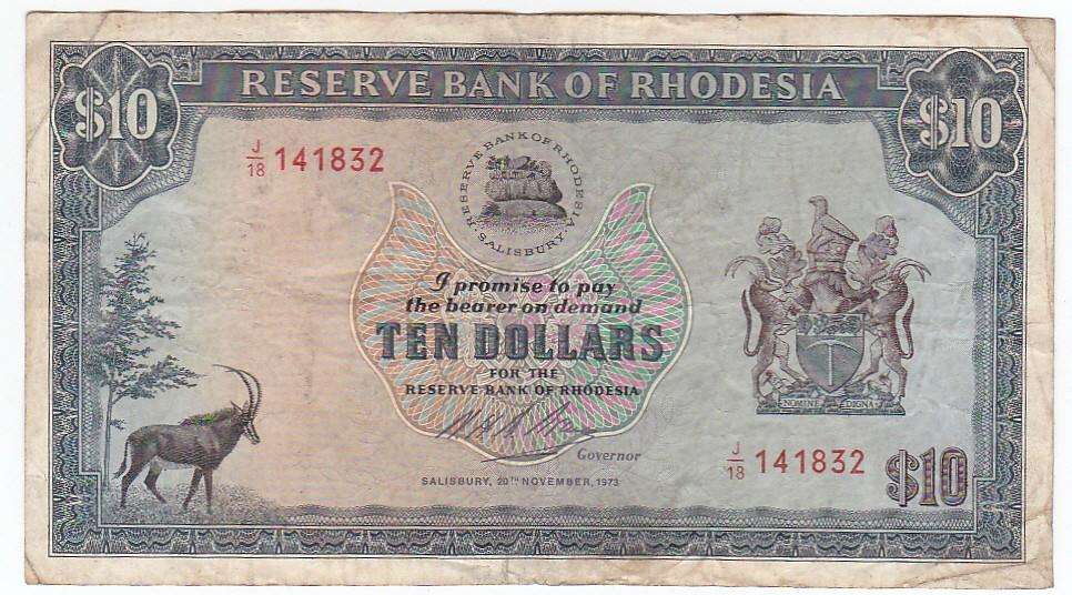 RHODESIA 10 DOLLARS 1973