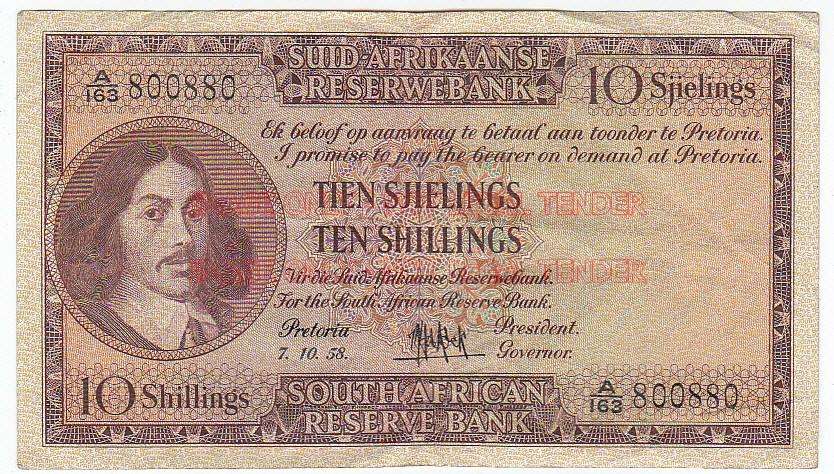 SOUTH AFRICA 10 SHILLINGS M.H. DE KOCK 7.10.58 A163 800880
