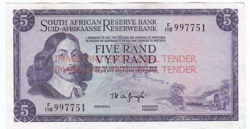 SOUTH AFRICA 5 RAND T.W. DE JONGH F118 997751 HIGH GRADE / 1967