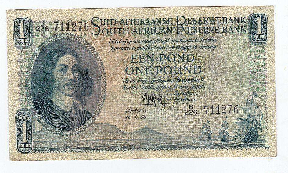 SOUTH AFRICA 1 POUND M.H. DE KOCK 11-1-1956 B226 711276