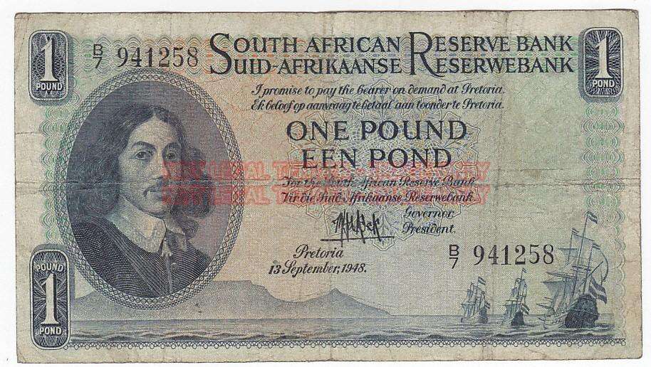 SOUTH AFRICA 1 POUND M.H. DE KOCK 13 SEPTEMBER 1948 B7 941 258