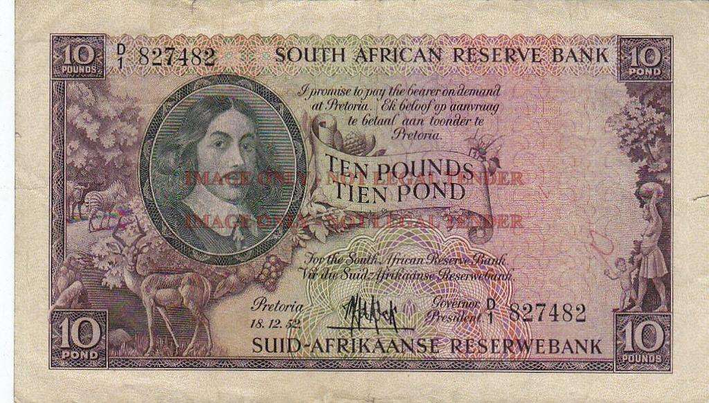 DE KOCK TEN POUNDS 18-12-52 D1 827484 F=R375 VF=R750