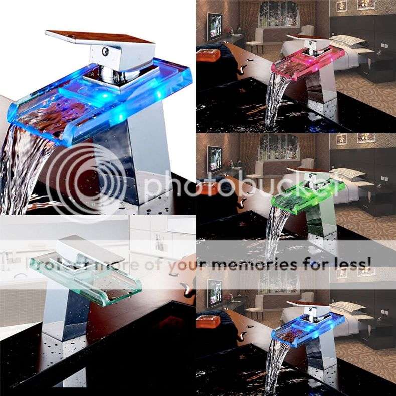 *LOCAL STOCK* Top Chrome Bathroom LED Waterfall Square Glass Faucet Sink Basin Mixer Water Tap