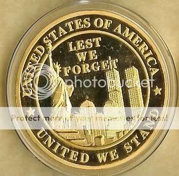 WTC 9/11 24KT LEST WE FORGET GOLD PLATED COMMEMORATIVE COIN