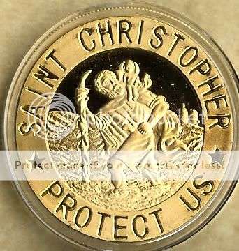 SAINT CHRISTOPHER PROTECT US 24 KT GOLD PLATED COIN