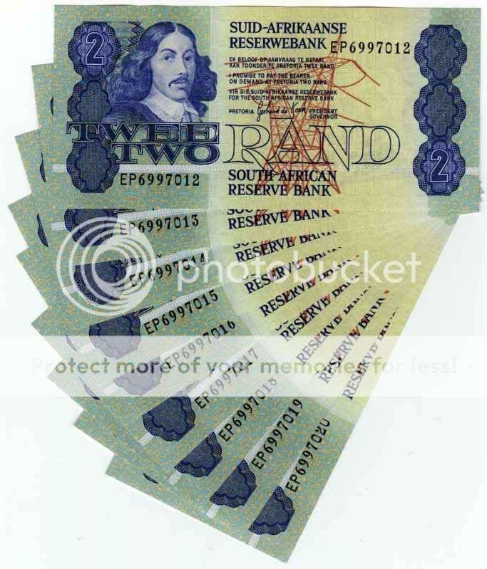 G DE KOCK TWO RAND UNCIRCULATED BANKNOTES  X 9 NOTES IN SERIES