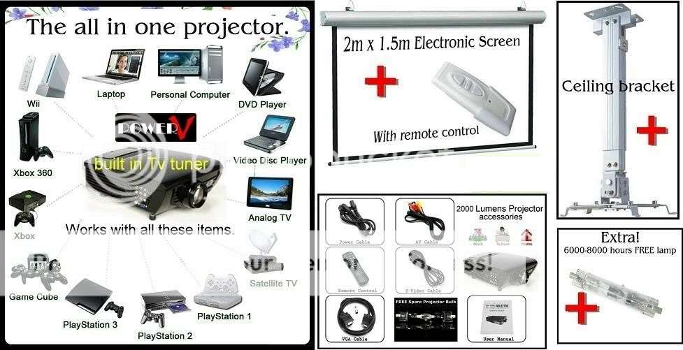 Worth R10000! HD Ready projector + Remote controlled screen+Built in TV+Extra lamp + Ceiling bracket