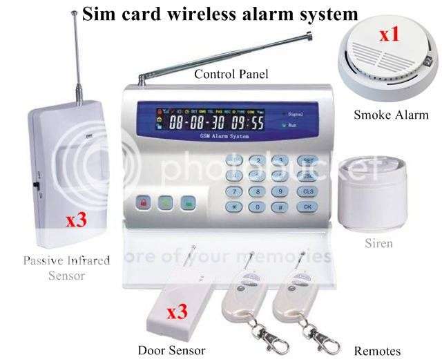 Sim card Alarm system. Insert sim card and it will sms or phone you when triggered. 7 sensors!