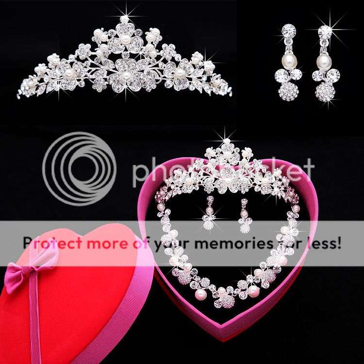 Wedding Jewellery Bridal Tiara Necklace Earring Set Crystal Rhinestones & Pearls