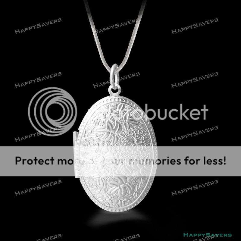 Sterling Silver Locket Photo Pendant Oval Charm Necklace with Snake Chain