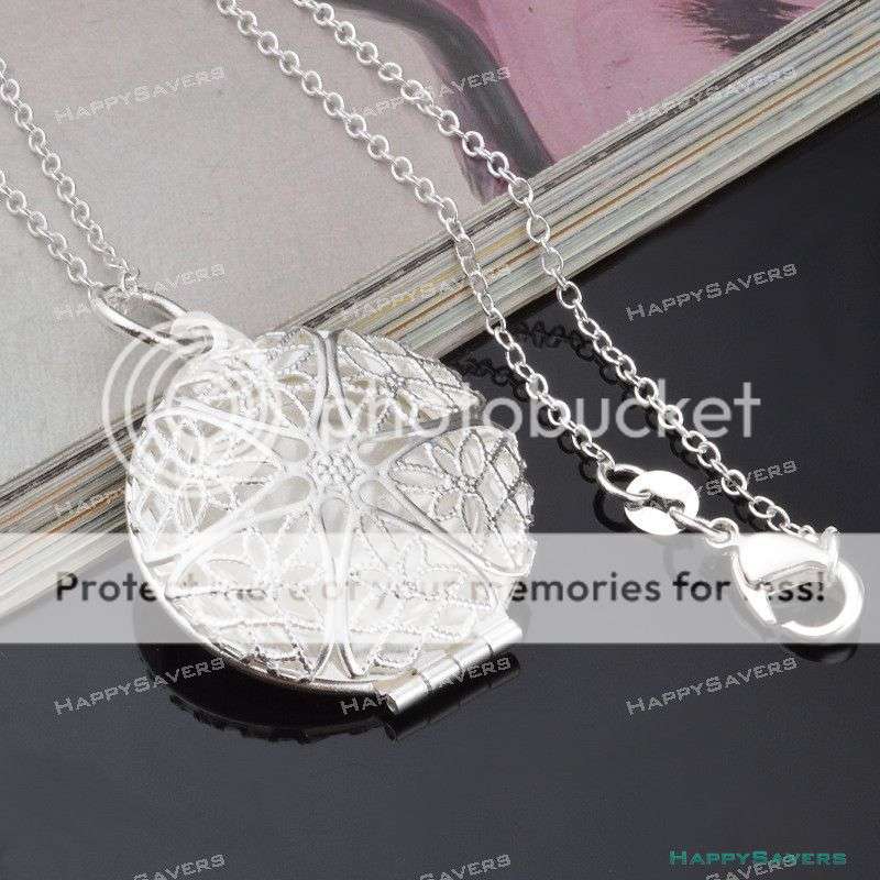 Sterling Silver Locket Photo Pendant Round Charm Necklace with Chain