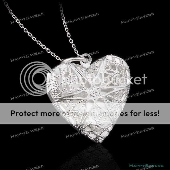 Sterling Silver Locket Photo Pendant Heart Shaped Necklace with Chain