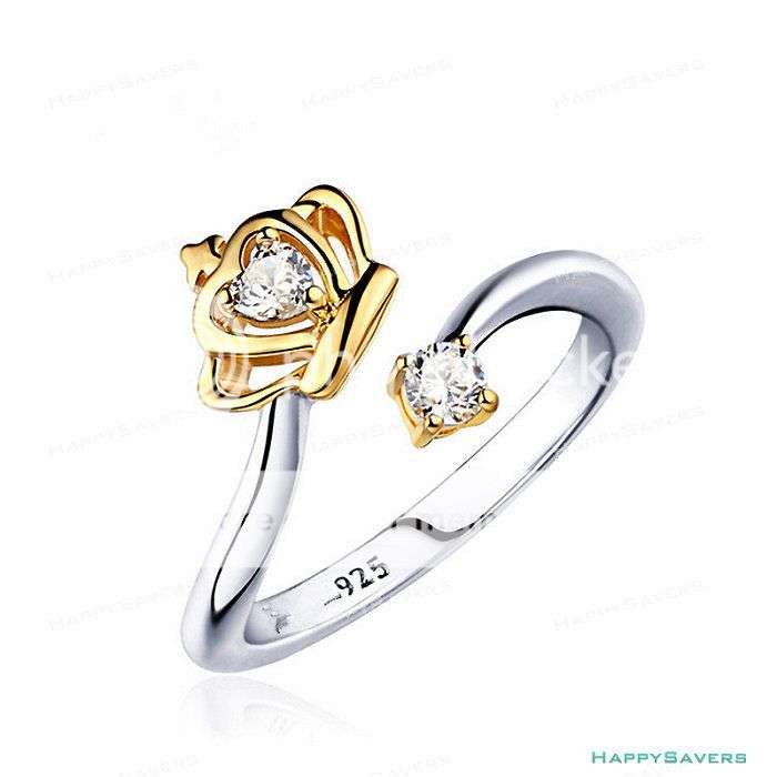 Sterling Silver Zircon Princess Gold Crown Open Adjustable Ring