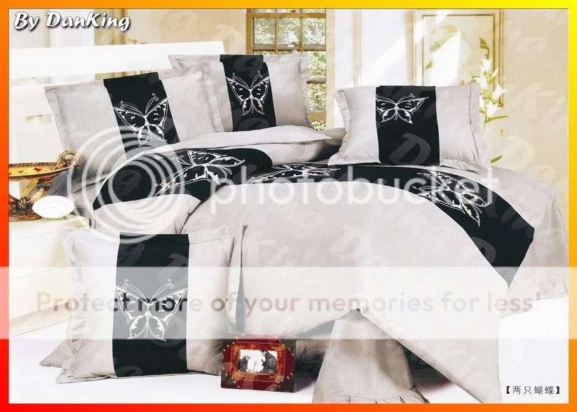 6 Piece Quality Satin Bed Linen - Queen Size - Silver & Black Duvet Set (Curtains on order)