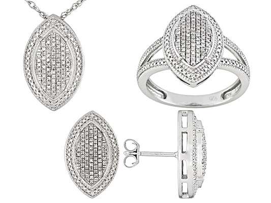 Diamond .40ctw Sterling Silver Ring, Earrings And Pendant With Chain Set.