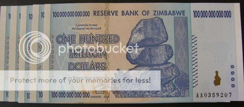 Five x  One Hundred Trillion Dollar Notes :  Crisp : Uncirculated ZIM Dollars