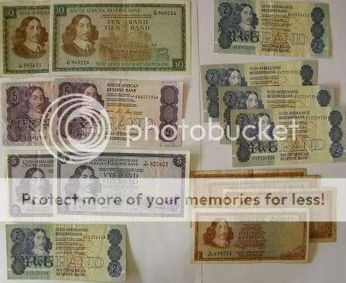 Lot of SA Banknotes (R2 x 3 in sequence, R2 x 2, R5 x 2, R5 De Jong x 2, R10 De Jong x 2, R1 de