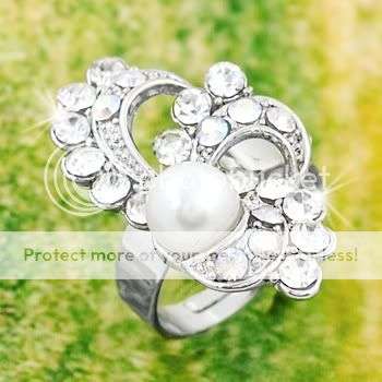 R186 Gorgeous Crystal and Pearl Engagement Wedding Ring Size Adjustable