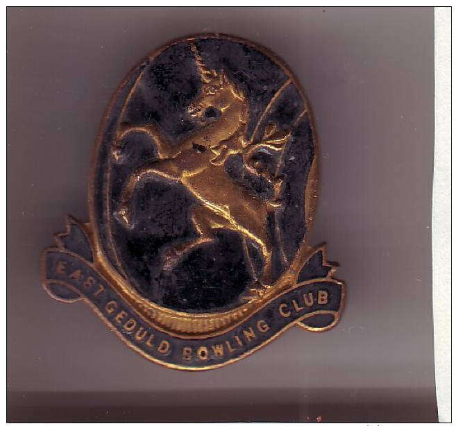 SOUTH AFRICA : EAST GEDULD BOWLING CLUB lapel badge, METAL ART, PRETORIA (maker) unicorn motif