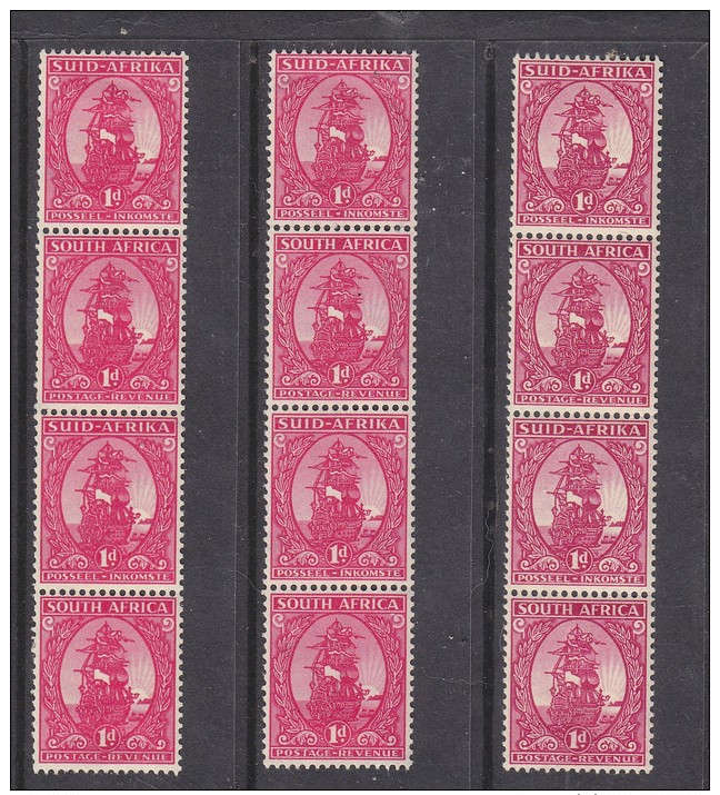 SOUTH AFRICA: 1943 coils stamps, 1d used, 3 strips of 4, shade variations, S.G. 106, MH *