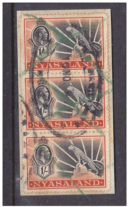 NYASALAND 1934 GEORGE v 1/= LEOPARD, vertical strip of 3, revenue cancel
