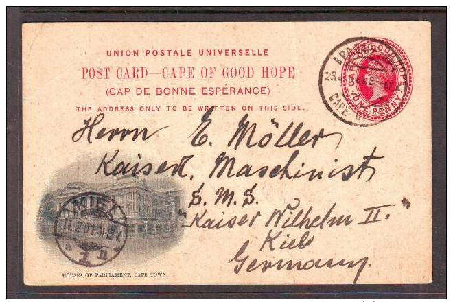 CAPE OF GOOD HOPE: 1901,1d illustrated postal card, Cape Town to SMS Kaiser Wilhelm II, KIEL, GERMAN