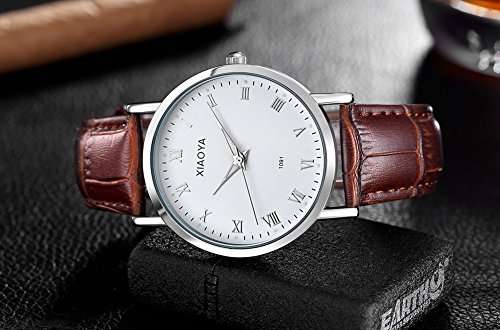 Men's Wrist Watches Classic for Men Analog Quartz Luminous Water Resistant Brown Leather Strap White