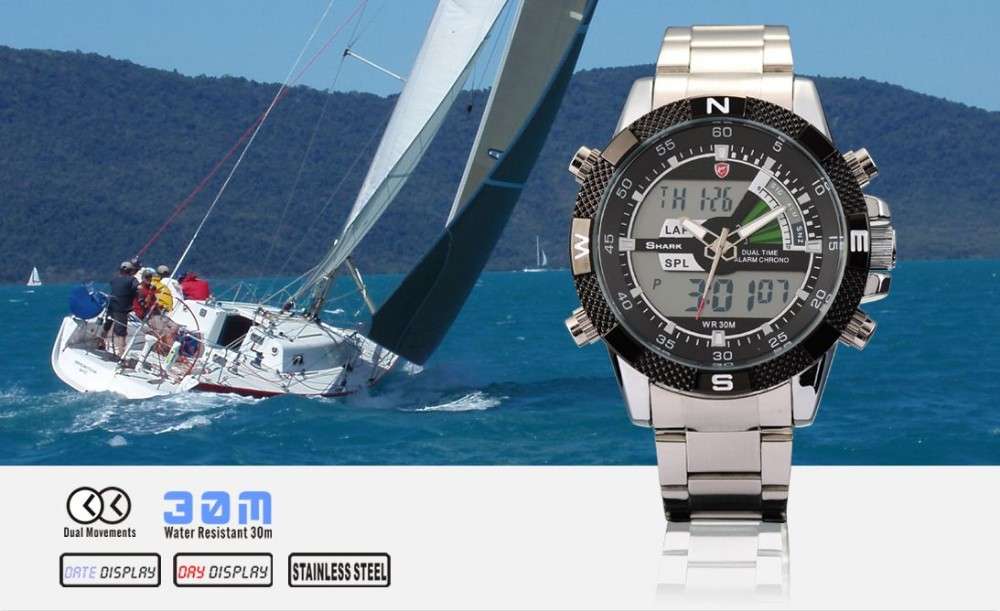 *1 day only* SHARK DUAL LED **STEEL** CHRONOGRAPH PORBEAGLE YACTH WATCH W/ BOX, PAPERS, LOADED!!