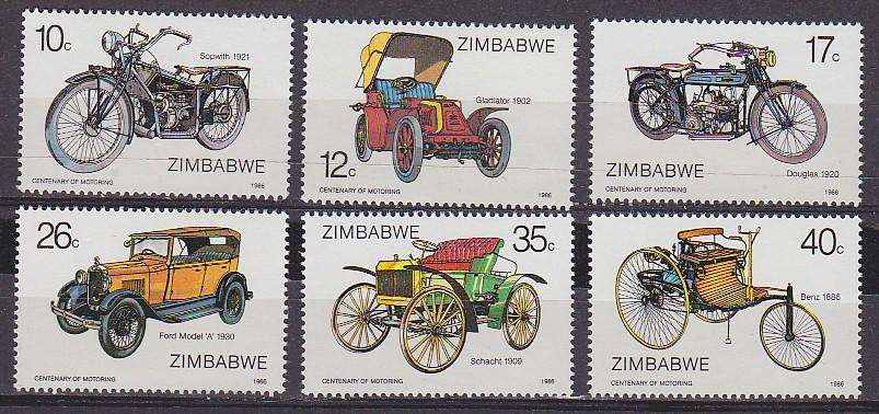6 BEAUTIFUL THEMATIC STAMPS - VINTAGE CARS AND MOTORCYCLES - ZIMBABWE MNH