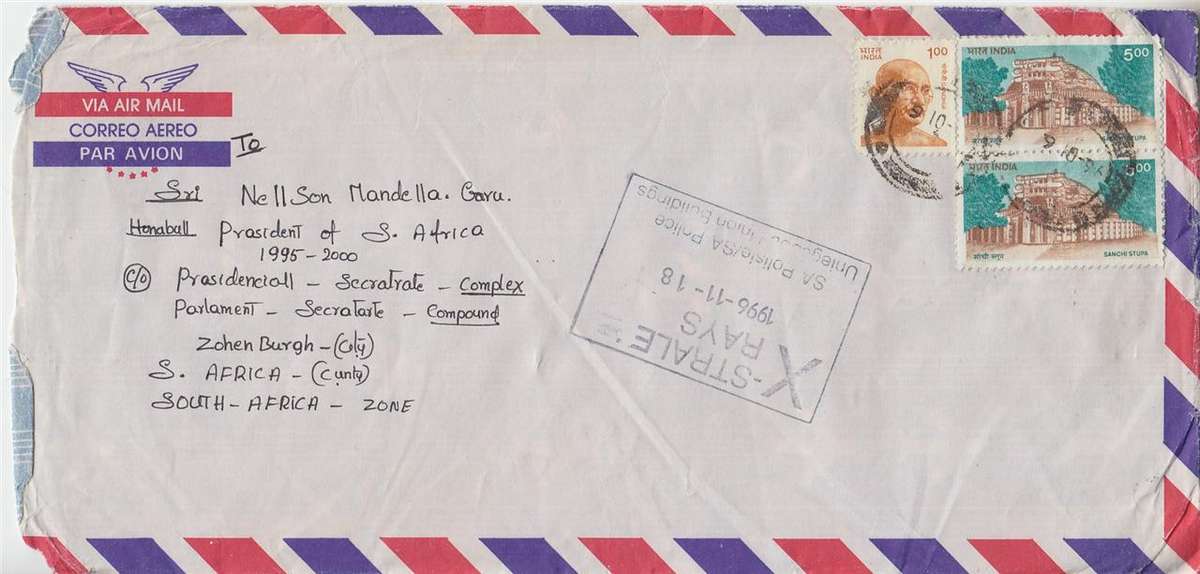 NELSON MANDELA - LETTER FROM INDIA TO THE PRESIDENT OF SOUTH AFRICA 1996 - POLICE X-RAYED
