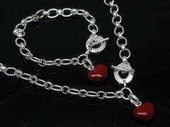 NEW!!!.925 STERLING SILVER NECKLACE & BRACELET SET WITH RED HEART