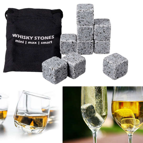 9Pcs Whiskey Ice Stones Granite Drinks Cooler Cubes Scotch Rocks Freezer Pouch