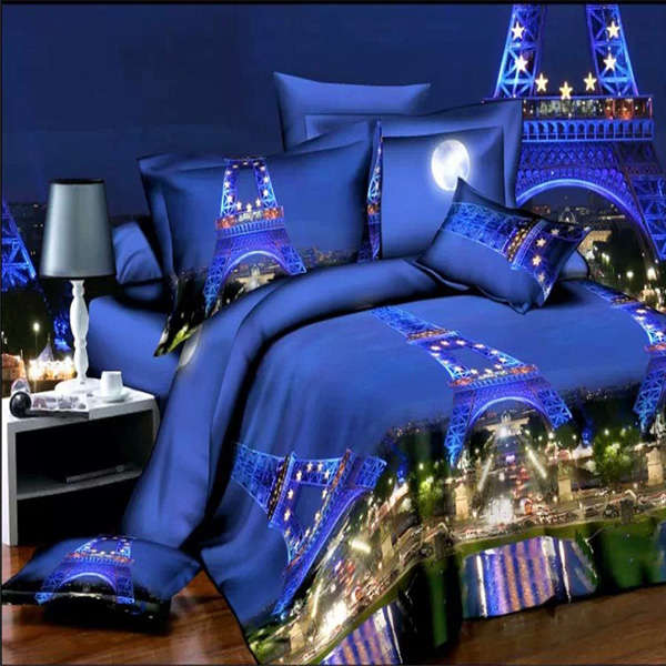 4pcs Suit 3D Paris Night Scene Reactive Dyeing Polyester Fiber Bedding Sets Queen King Size