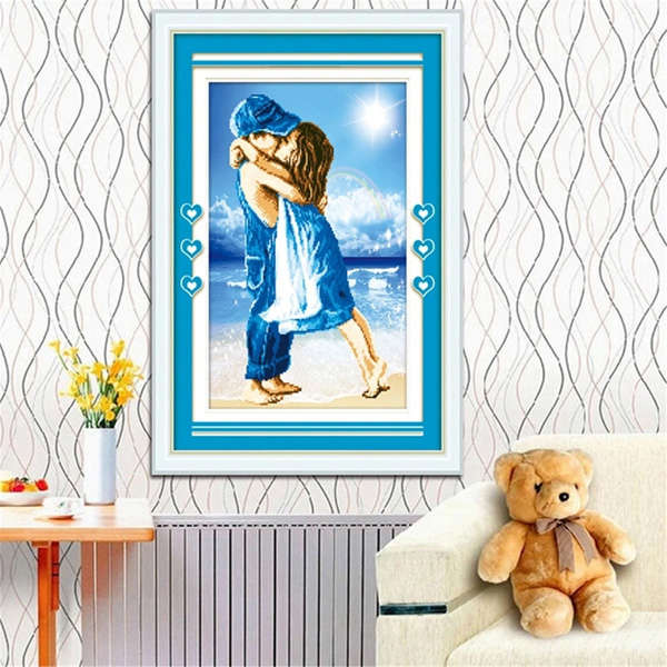 38x52cm The Childhood of Sea Printed Blue DIY Cross Stitch Kit Embroidery Home Decor