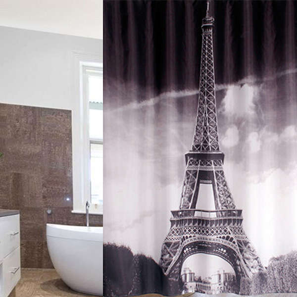 180x180cm Waterproof Fabric Shower Eiffel Tower Curtain Bath Curtain With 12 Hooks