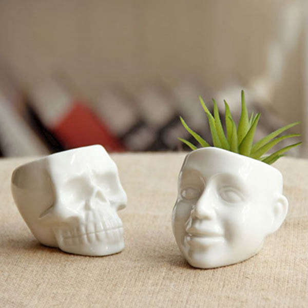 Creative Mini Ceramic White Skull Flower Pot Home Office Plant Decor Flowerpot